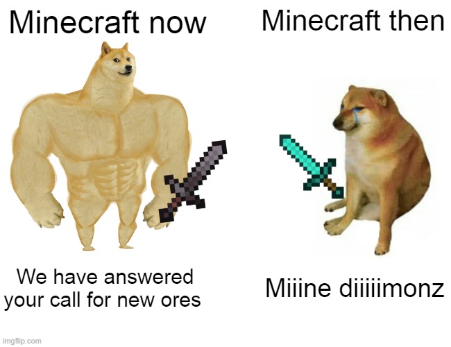 Buff Doge vs. Cheems Meme | Minecraft now; Minecraft then; We have answered your call for new ores; Miiine diiiiimonz | image tagged in memes,buff doge vs cheems | made w/ Imgflip meme maker