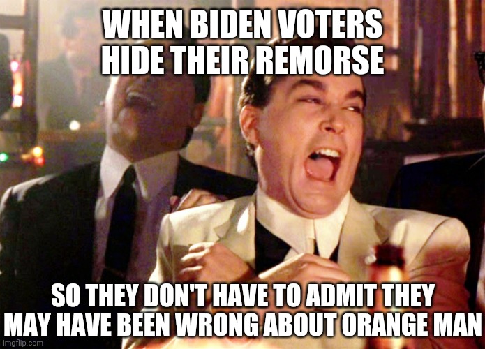 Really amazing to watch... | WHEN BIDEN VOTERS HIDE THEIR REMORSE; SO THEY DON'T HAVE TO ADMIT THEY MAY HAVE BEEN WRONG ABOUT ORANGE MAN | image tagged in good fellas hilarious,syria bombing,bombing brown people,stimulus check,buyers remorse,voters remorse | made w/ Imgflip meme maker