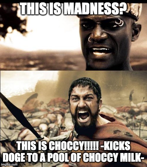 This is madness / THIS IS SPARTAAAAAA | THIS IS MADNESS? THIS IS CHOCCY!!!!! -KICKS DOGE TO A POOL OF CHOCCY MILK- | image tagged in this is madness / this is spartaaaaaa | made w/ Imgflip meme maker