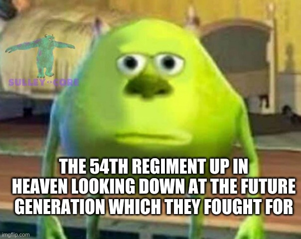 Monsters Inc | THE 54TH REGIMENT UP IN HEAVEN LOOKING DOWN AT THE FUTURE GENERATION WHICH THEY FOUGHT FOR | image tagged in monsters inc | made w/ Imgflip meme maker