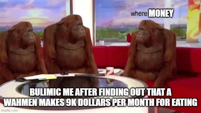 where banana | MONEY; BULIMIC ME AFTER FINDING OUT THAT A WAHMEN MAKES 9K DOLLARS PER MONTH FOR EATING | image tagged in where banana | made w/ Imgflip meme maker