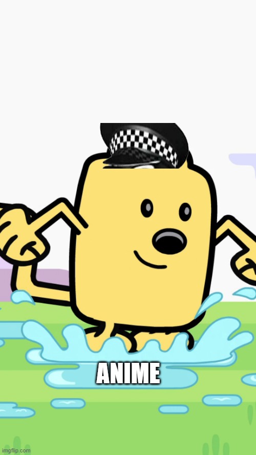 Wubbzy, take that hat off | ANIME | image tagged in wubbzy jumping in puddles,anime | made w/ Imgflip meme maker
