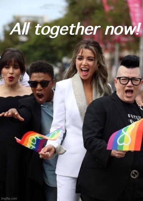 Get together and express your pride! | All together now! | image tagged in dannii lgbtq,lgbt,lgbtq,gay pride,gay pride flag,pride | made w/ Imgflip meme maker