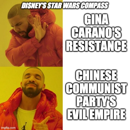 Disney's Star Wars Compass | DISNEY'S STAR WARS COMPASS; GINA CARANO'S RESISTANCE; CHINESE COMMUNIST PARTY'S EVIL EMPIRE | image tagged in drake blank | made w/ Imgflip meme maker