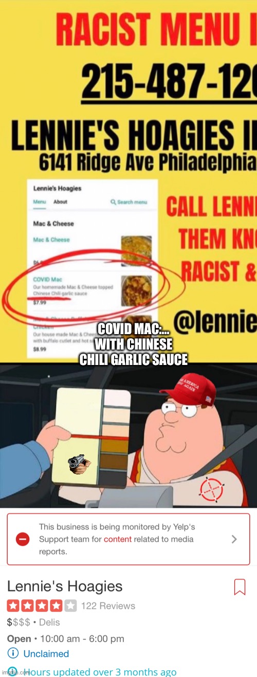 ..tsk tsk. Dunno where to put this- racist menu from a hoagie place in Philly. | COVID MAC:... WITH CHINESE CHILI GARLIC SAUCE | image tagged in maga racist blank,racist,racism,coronavirus,macron,knee | made w/ Imgflip meme maker