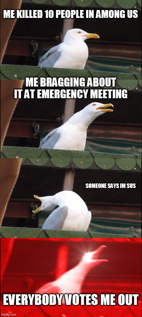 the oof | ME KILLED 10 PEOPLE IN AMONG US; ME BRAGGING ABOUT IT AT EMERGENCY MEETING; SOMEONE SAYS IM SUS; EVERYBODY VOTES ME OUT | image tagged in memes,inhaling seagull | made w/ Imgflip meme maker