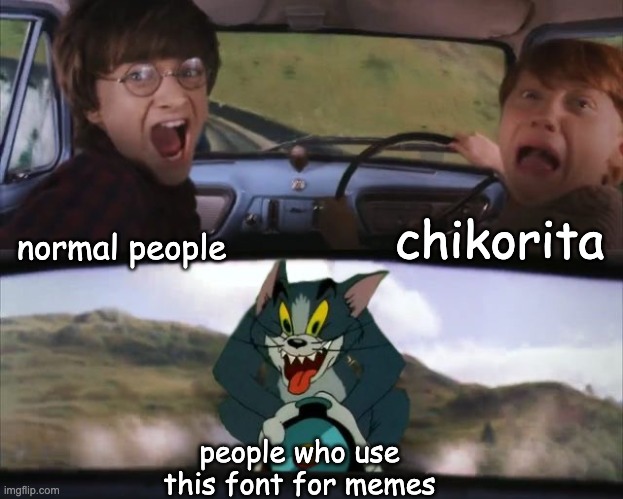 Tom chasing Harry and Ron Weasly | normal people chikorita people who use this font for memes | image tagged in tom chasing harry and ron weasly | made w/ Imgflip meme maker