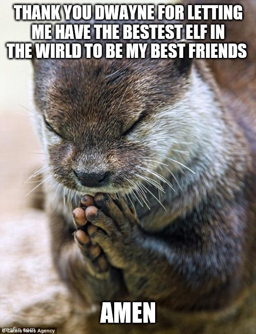 Thank you Lord Otter | THANK YOU DWAYNE FOR LETTING ME HAVE THE BESTEST ELF IN THE WIRLD TO BE MY BEST FRIENDS AMEN | image tagged in thank you lord otter | made w/ Imgflip meme maker