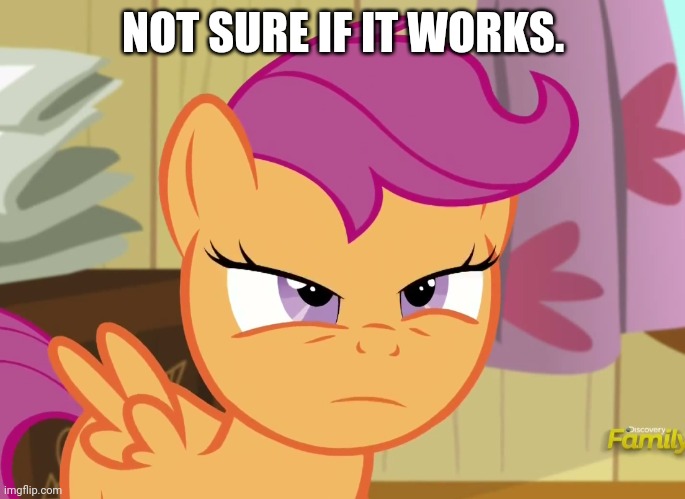 Suspicious Scootaloo (MLP) | NOT SURE IF IT WORKS. | image tagged in suspicious scootaloo mlp | made w/ Imgflip meme maker