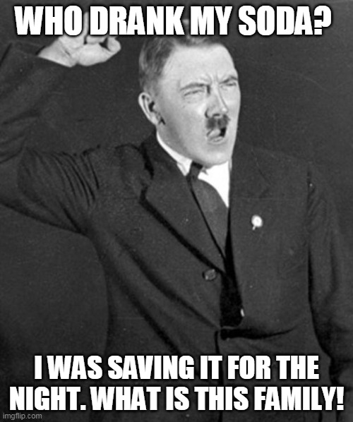 Angry Hitler |  WHO DRANK MY SODA? I WAS SAVING IT FOR THE NIGHT. WHAT IS THIS FAMILY! | image tagged in angry hitler,funny,fun,funny memes,family | made w/ Imgflip meme maker