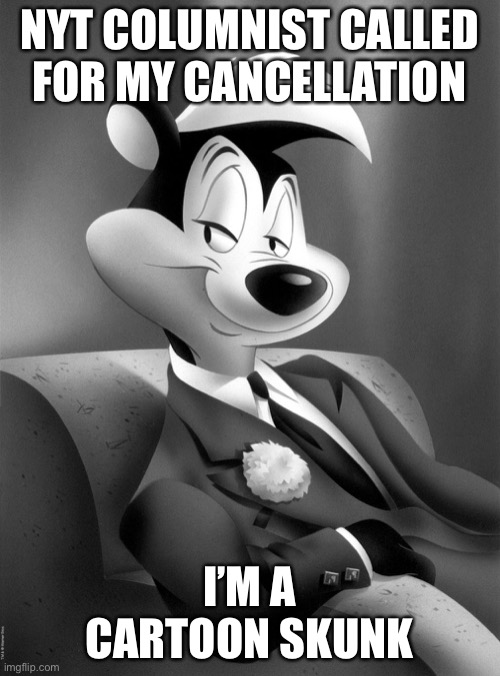Pepe Le Pew | NYT COLUMNIST CALLED FOR MY CANCELLATION; I’M A CARTOON SKUNK | image tagged in pepe le pew | made w/ Imgflip meme maker