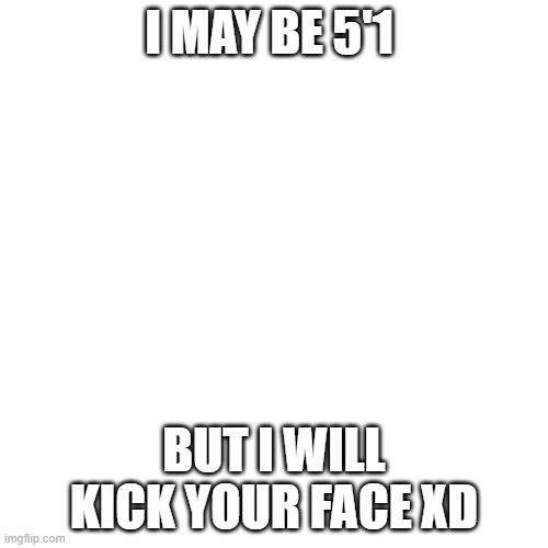 Blank Transparent Square Meme | I MAY BE 5'1; BUT I WILL KICK YOUR FACE XD | image tagged in memes,blank transparent square | made w/ Imgflip meme maker