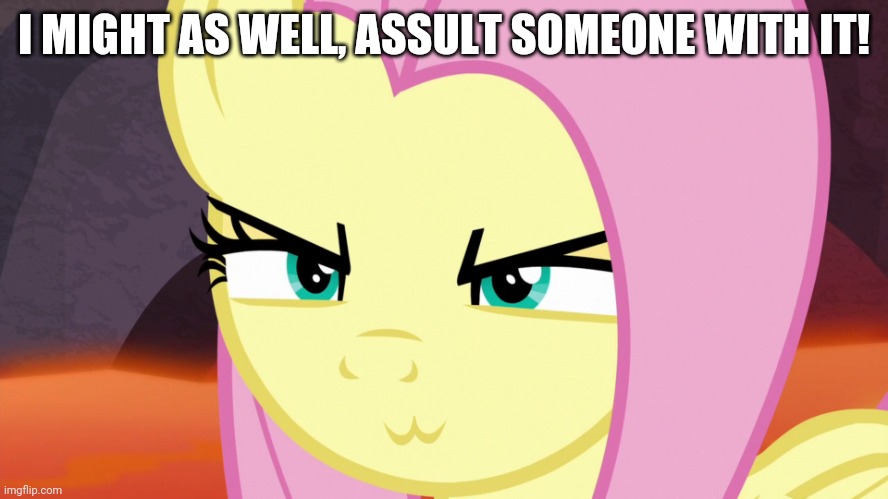 Fluttershy :3 (MLP) | I MIGHT AS WELL, ASSULT SOMEONE WITH IT! | image tagged in fluttershy 3 mlp | made w/ Imgflip meme maker