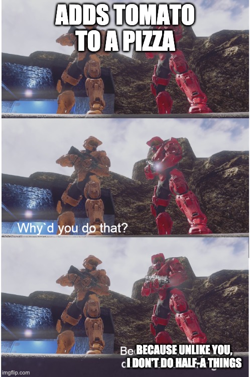 Why`d you do that? | ADDS TOMATO TO A PIZZA BECAUSE UNLIKE YOU, I DON'T DO HALF-A THINGS | image tagged in why d you do that | made w/ Imgflip meme maker
