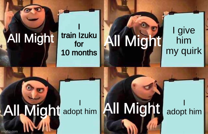 Gru's Plan | I train Izuku for 10 months; I give him my quirk; All Might; All Might; I adopt him; I adopt him; All Might; All Might | image tagged in mha,bnha,anime | made w/ Imgflip meme maker