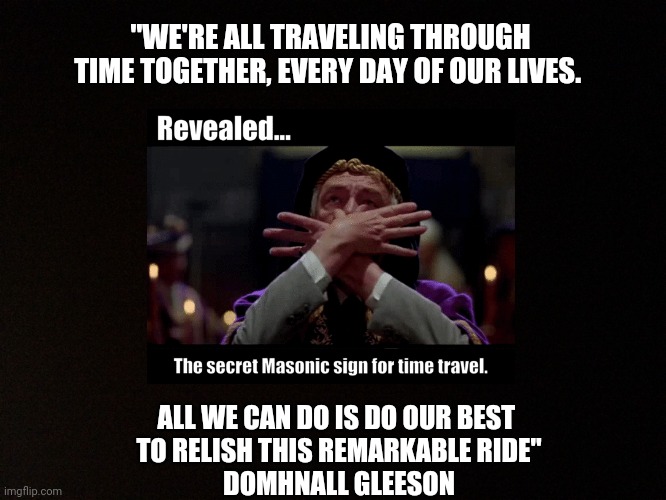 Time Travel | "WE'RE ALL TRAVELING THROUGH TIME TOGETHER, EVERY DAY OF OUR LIVES. ALL WE CAN DO IS DO OUR BEST 
TO RELISH THIS REMARKABLE RIDE"
DOMHNALL GLEESON | image tagged in back to the future,time travel,past,future,we're all in this together,funny | made w/ Imgflip meme maker