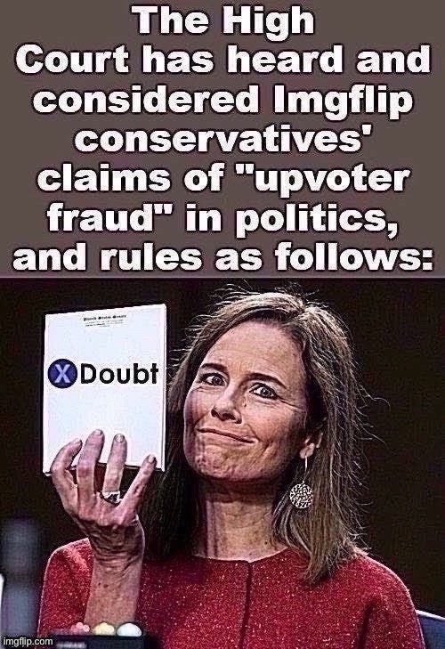 Much like Trump’s claims of voter fraud, even Amy Comey Barrett doesn’t believe this | image tagged in voter fraud,election fraud,meanwhile on imgflip,politics,scotus,la noire press x to doubt | made w/ Imgflip meme maker