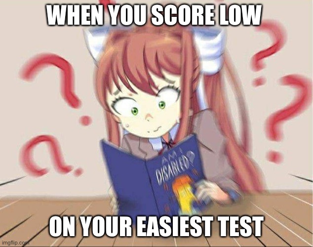 DDLCDisabled | WHEN YOU SCORE LOW; ON YOUR EASIEST TEST | image tagged in ddlcdisabled | made w/ Imgflip meme maker