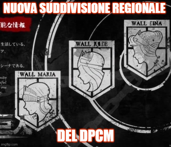 COVID ITALY | NUOVA SUDDIVISIONE REGIONALE; DEL DPCM | image tagged in italy,political meme,covid-19,attack on titan | made w/ Imgflip meme maker