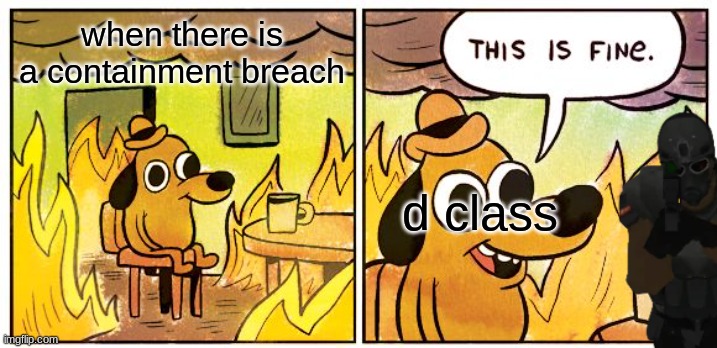 this breach is fine | when there is a containment breach; d class | image tagged in memes,this is fine,scp | made w/ Imgflip meme maker