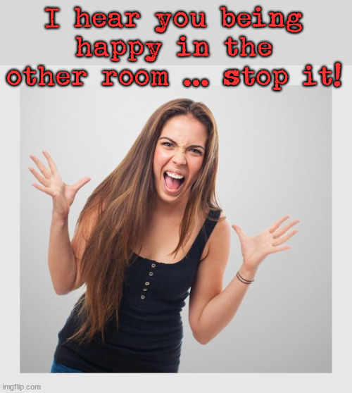 angry girl | I hear you being happy in the other room ... stop it! | image tagged in angry girl | made w/ Imgflip meme maker