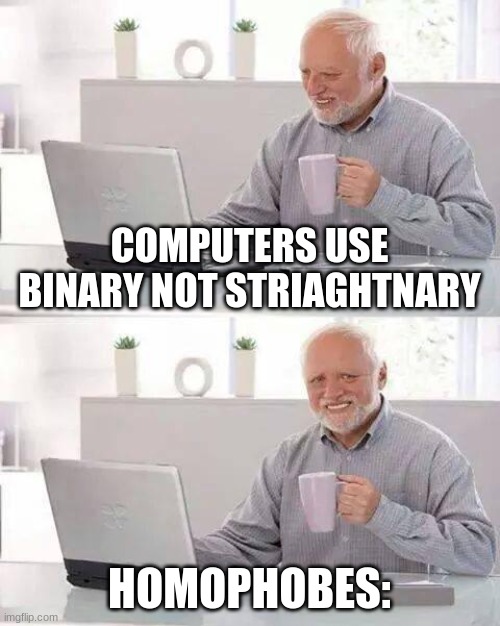 It's binary, not straighnary | COMPUTERS USE BINARY NOT STRIAGHTNARY; HOMOPHOBES: | image tagged in memes,hide the pain harold | made w/ Imgflip meme maker