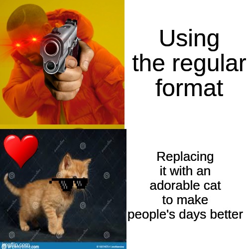 Drake is better with cat | Using the regular format; Replacing it with an adorable cat to make people's days better | image tagged in memes,drake hotline bling,cat | made w/ Imgflip meme maker