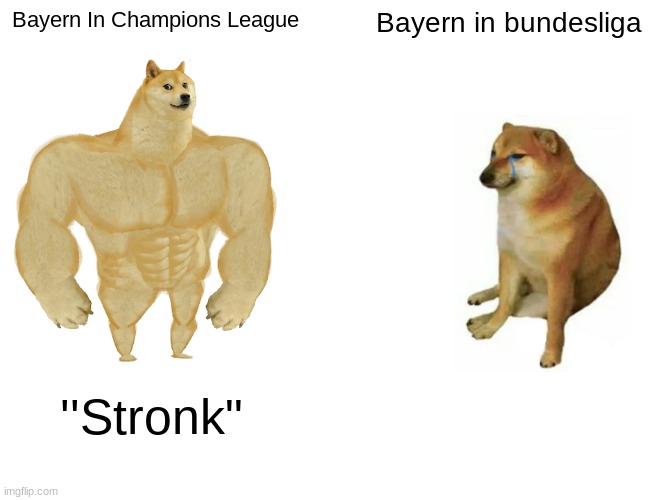 Buff Doge vs. Cheems | Bayern In Champions League; Bayern in bundesliga; ''Stronk" | image tagged in memes,buff doge vs cheems | made w/ Imgflip meme maker