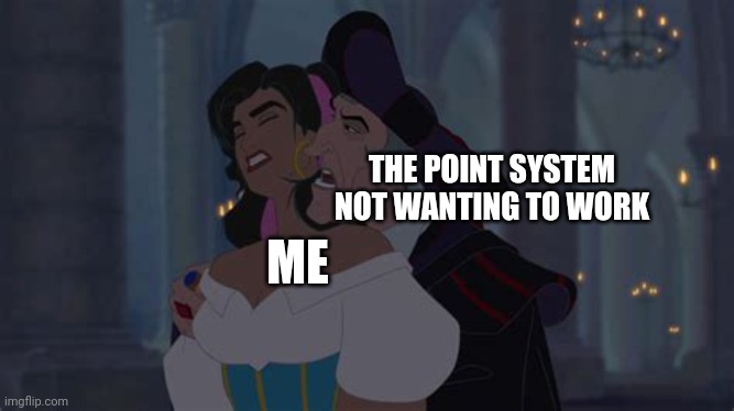 New template too. | THE POINT SYSTEM NOT WANTING TO WORK; ME | image tagged in frollo being creepy | made w/ Imgflip meme maker