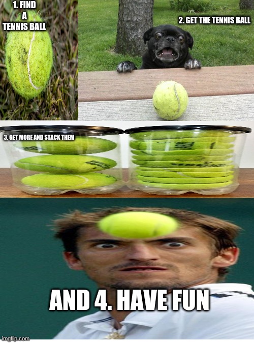 TAKING CARE OF A TENNIS BALL | 1. FIND A TENNIS BALL; 2. GET THE TENNIS BALL; 3. GET MORE AND STACK THEM; AND 4. HAVE FUN | image tagged in memes,sports,tennis ball | made w/ Imgflip meme maker