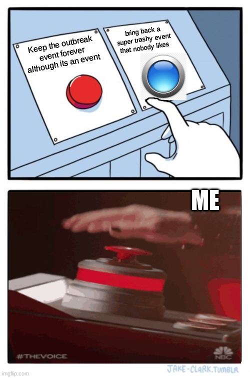 press the red button now to send happiness to cod players or press the blue button to be a sad simp | bring back a super trashy event that nobody likes; Keep the outbreak event forever although its an event; ME | image tagged in memes,two buttons,call of duty | made w/ Imgflip meme maker