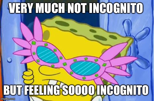 Spongbob incognito | VERY MUCH NOT INCOGNITO; BUT FEELING SOOOO INCOGNITO | image tagged in sunglasses | made w/ Imgflip meme maker