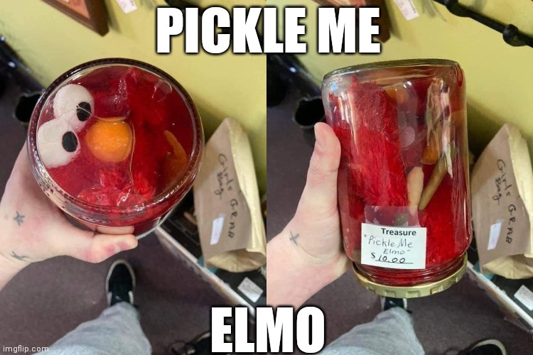Pickle me Elmo | PICKLE ME; ELMO | image tagged in pickle,tickle me elmo,elmo,funny,funny memes,brimmuthafukinstone | made w/ Imgflip meme maker