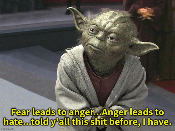 Fear leads to anger. Anger leads to hate. Hate leads to sufferin | Fear leads to anger...Anger leads to hate...told y'all this shit before, I have. | image tagged in fear leads to anger anger leads to hate hate leads to sufferin | made w/ Imgflip meme maker
