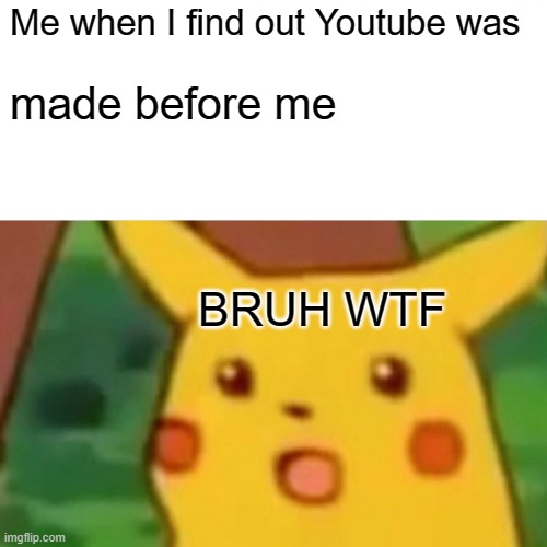 THE F*CK | Me when I find out Youtube was; made before me; BRUH WTF | image tagged in memes,surprised pikachu | made w/ Imgflip meme maker