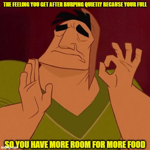 yum | THE FEELING YOU GET AFTER BURPING QUIETLY BECAUSE YOUR FULL; SO YOU HAVE MORE ROOM FOR MORE FOOD | image tagged in when x just right | made w/ Imgflip meme maker
