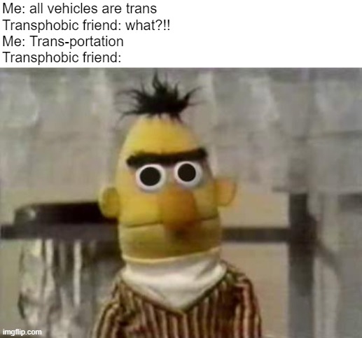 Trans-portation | Me: all vehicles are trans
Transphobic friend: what?!!
Me: Trans-portation
Transphobic friend: | image tagged in bert stare,memes,transphobic | made w/ Imgflip meme maker