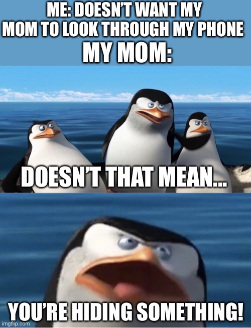 Moms everywhere be like | ME: DOESN’T WANT MY MOM TO LOOK THROUGH MY PHONE; MY MOM:; DOESN’T THAT MEAN... YOU’RE HIDING SOMETHING! | image tagged in wouldn't that make you | made w/ Imgflip meme maker