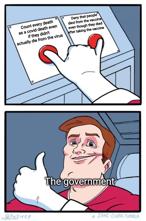 The government's covid lies | Deny that people died from the vaccine even though they died after taking the vaccine; Count every death as a covid death even if they didn't actually die from the virus; The government | image tagged in both buttons pressed,lies,tyranny | made w/ Imgflip meme maker