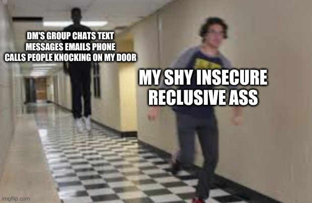 DM'S GROUP CHATS TEXT MESSAGES EMAILS PHONE CALLS PEOPLE KNOCKING ON MY DOOR; MY SHY INSECURE RECLUSIVE ASS | image tagged in shy,insecure,introvert | made w/ Imgflip meme maker