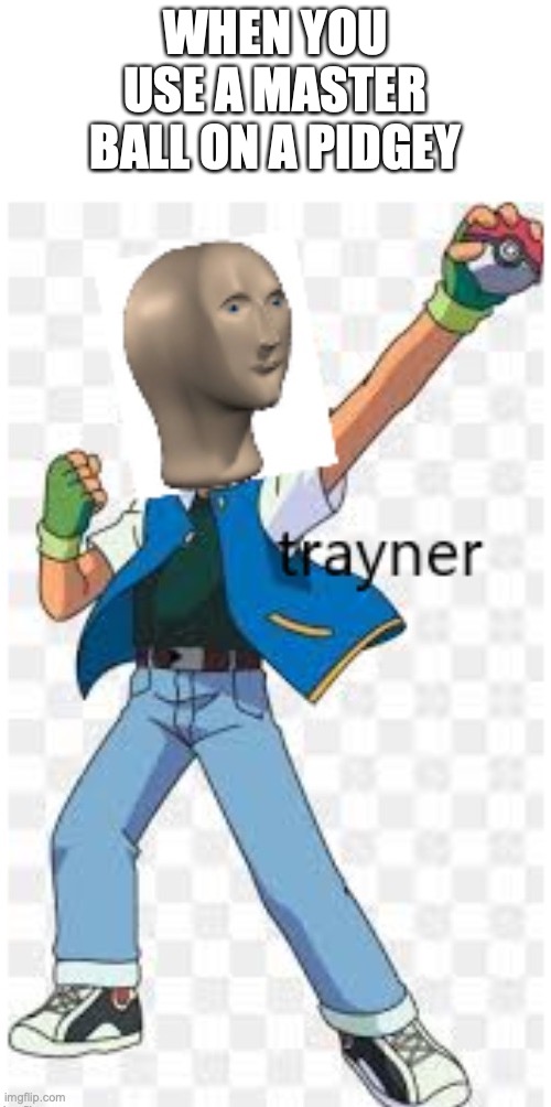 Trayner | WHEN YOU USE A MASTER BALL ON A PIDGEY | image tagged in trayner,pokemon,repost,do people even read these | made w/ Imgflip meme maker