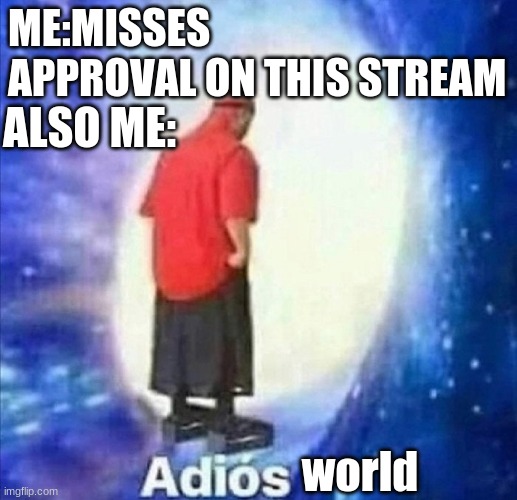 This is a joke btw | ME:MISSES APPROVAL ON THIS STREAM; ALSO ME:; world | image tagged in adios | made w/ Imgflip meme maker