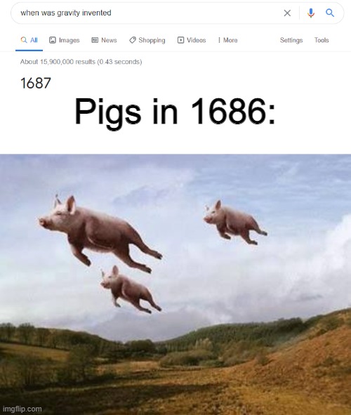 Pigs could fly in 1686, according to google. | Pigs in 1686: | image tagged in pigs fly | made w/ Imgflip meme maker