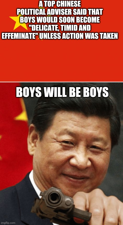 China could teach masculinity to boys because of changing gender rolesxi jinping only 2 genders | A TOP CHINESE POLITICAL ADVISER SAID THAT BOYS WOULD SOON BECOME "DELICATE, TIMID AND EFFEMINATE" UNLESS ACTION WAS TAKEN; BOYS WILL BE BOYS | image tagged in china flag,xi jinping | made w/ Imgflip meme maker