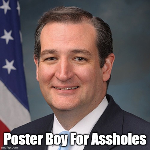 "Poster Boy For Assholes" | Poster Boy For Assholes | image tagged in ted cruz,republicans deliberately inflame the worst angels of our nature,giving assholes a bad name | made w/ Imgflip meme maker