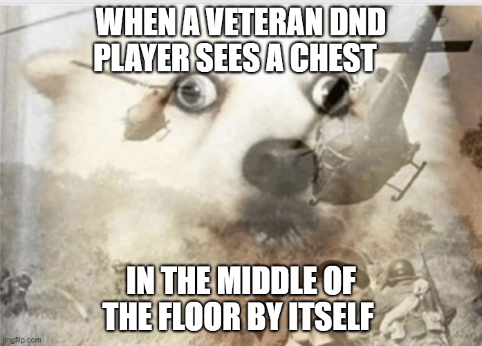 PTSD dog | WHEN A VETERAN DND PLAYER SEES A CHEST; IN THE MIDDLE OF THE FLOOR BY ITSELF | image tagged in ptsd dog,dnd | made w/ Imgflip meme maker