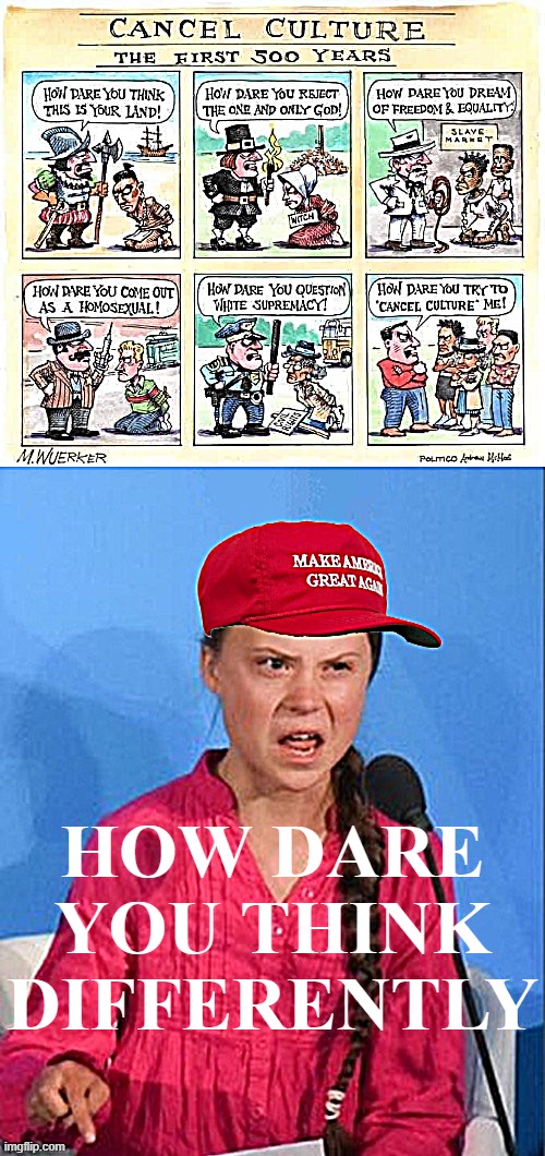 Conservative Cancel Culture: The 500-year recap | HOW DARE YOU THINK DIFFERENTLY | image tagged in cancel culture comic,maga how dare you | made w/ Imgflip meme maker