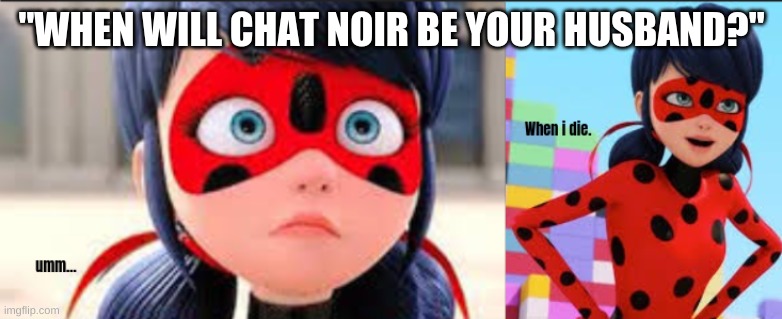 um...when i die? | "WHEN WILL CHAT NOIR BE YOUR HUSBAND?" | image tagged in funny,miraculous ladybug | made w/ Imgflip meme maker