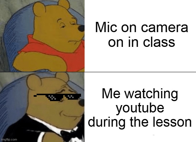 Tuxedo Winnie The Pooh | Mic on camera on in class; Me watching youtube during the lesson | image tagged in memes,tuxedo winnie the pooh | made w/ Imgflip meme maker