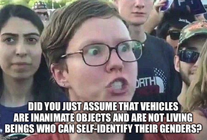Triggered Liberal | DID YOU JUST ASSUME THAT VEHICLES ARE INANIMATE OBJECTS AND ARE NOT LIVING BEINGS WHO CAN SELF-IDENTIFY THEIR GENDERS? | image tagged in triggered liberal | made w/ Imgflip meme maker
